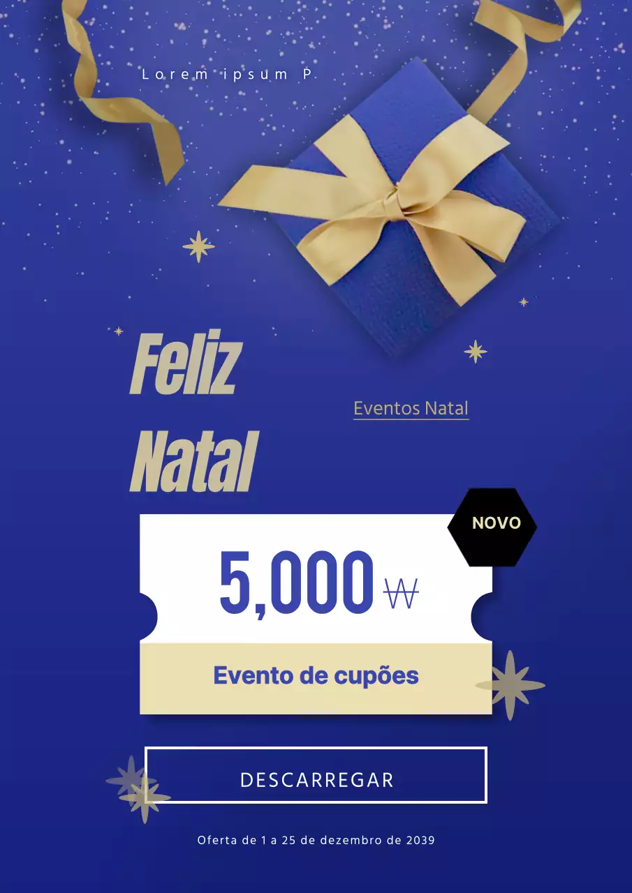 Evento de Natal colorido com caixas de presente azuis e cupões