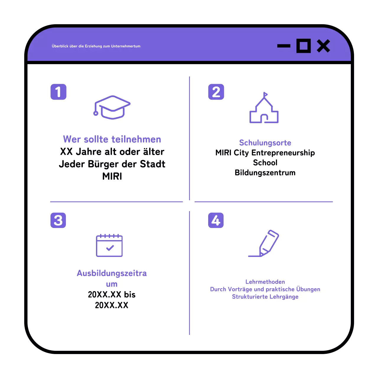 Ein einfaches gelbes und lilafarbenes Werbemittel für eine Unternehmerschule