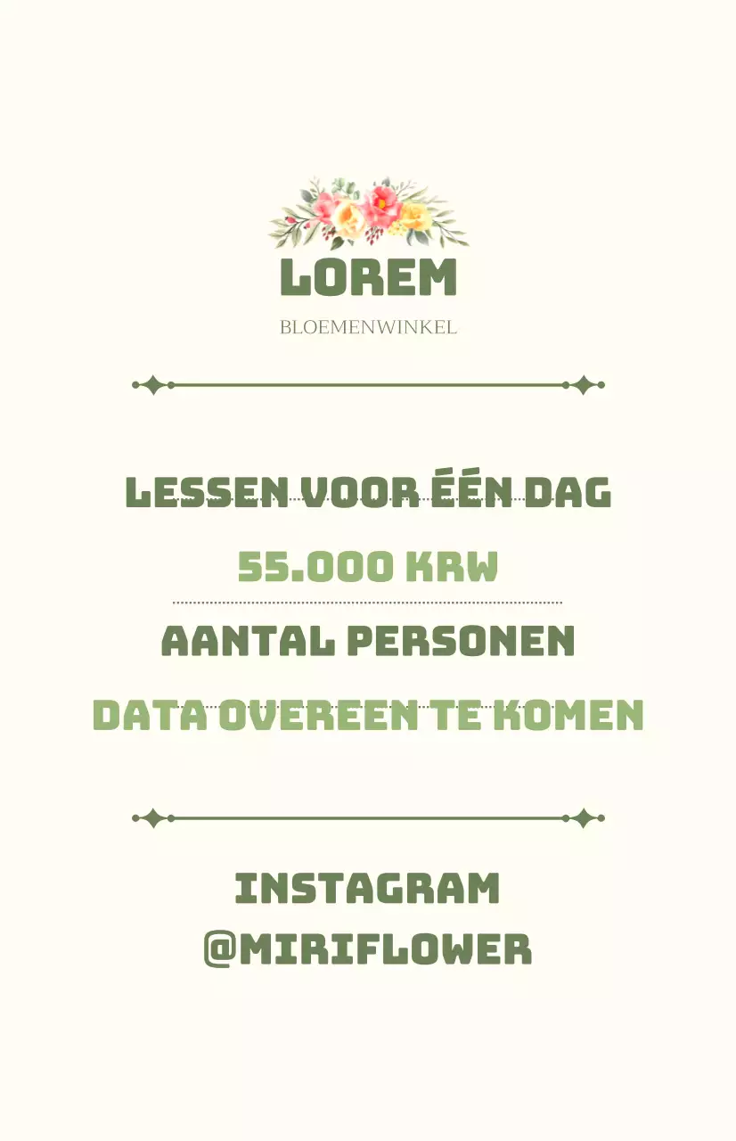 Promoot een eendaagse cursus met groene en ivoorkleurige tekst en bloemenillustraties