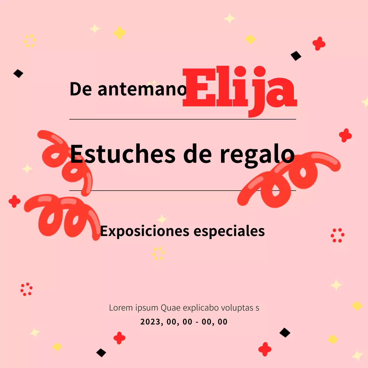 Promocione una venta de lotes de regalo utilizando tipografía kitsch y estampados en rosa y negro.