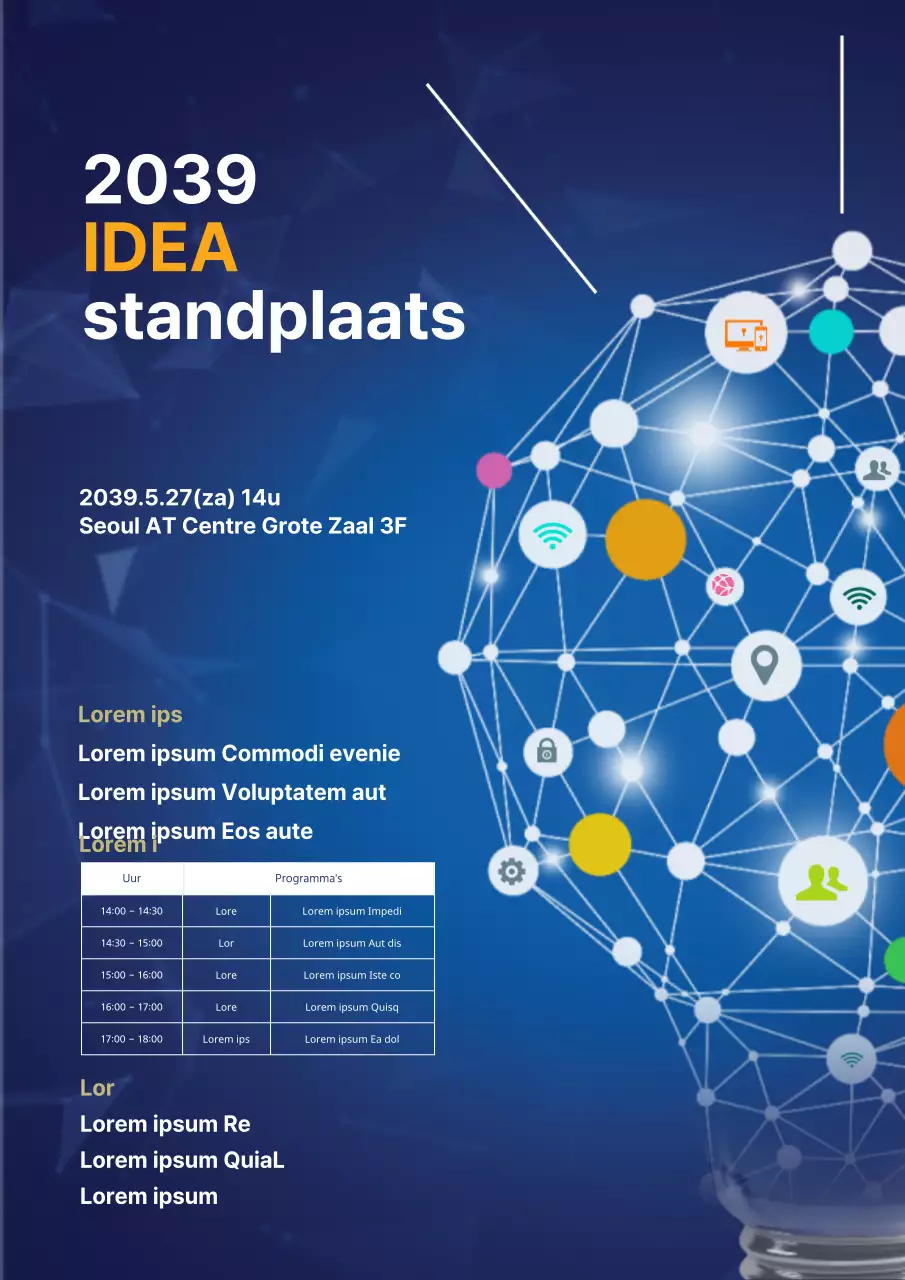 Een kleurrijke, blauwe flyer voor een bedrijfsseminar