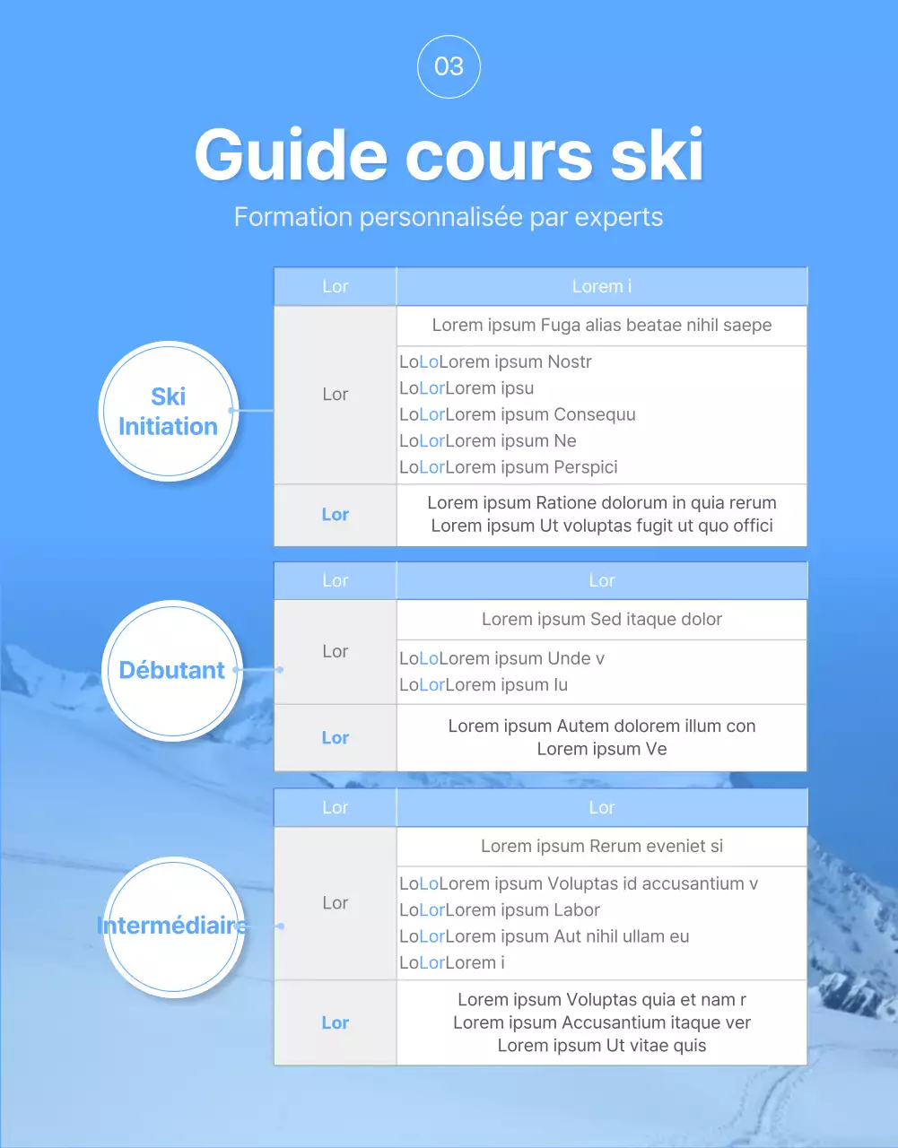 Une simple page de détails sur les leçons de ski en blanc et bleu