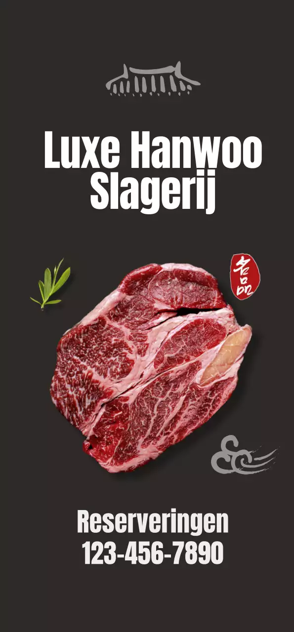 Promoot een strak, Koreaans geïnspireerd restaurant met afbeeldingen van Koreaans rundvlees op een zwarte achtergrond