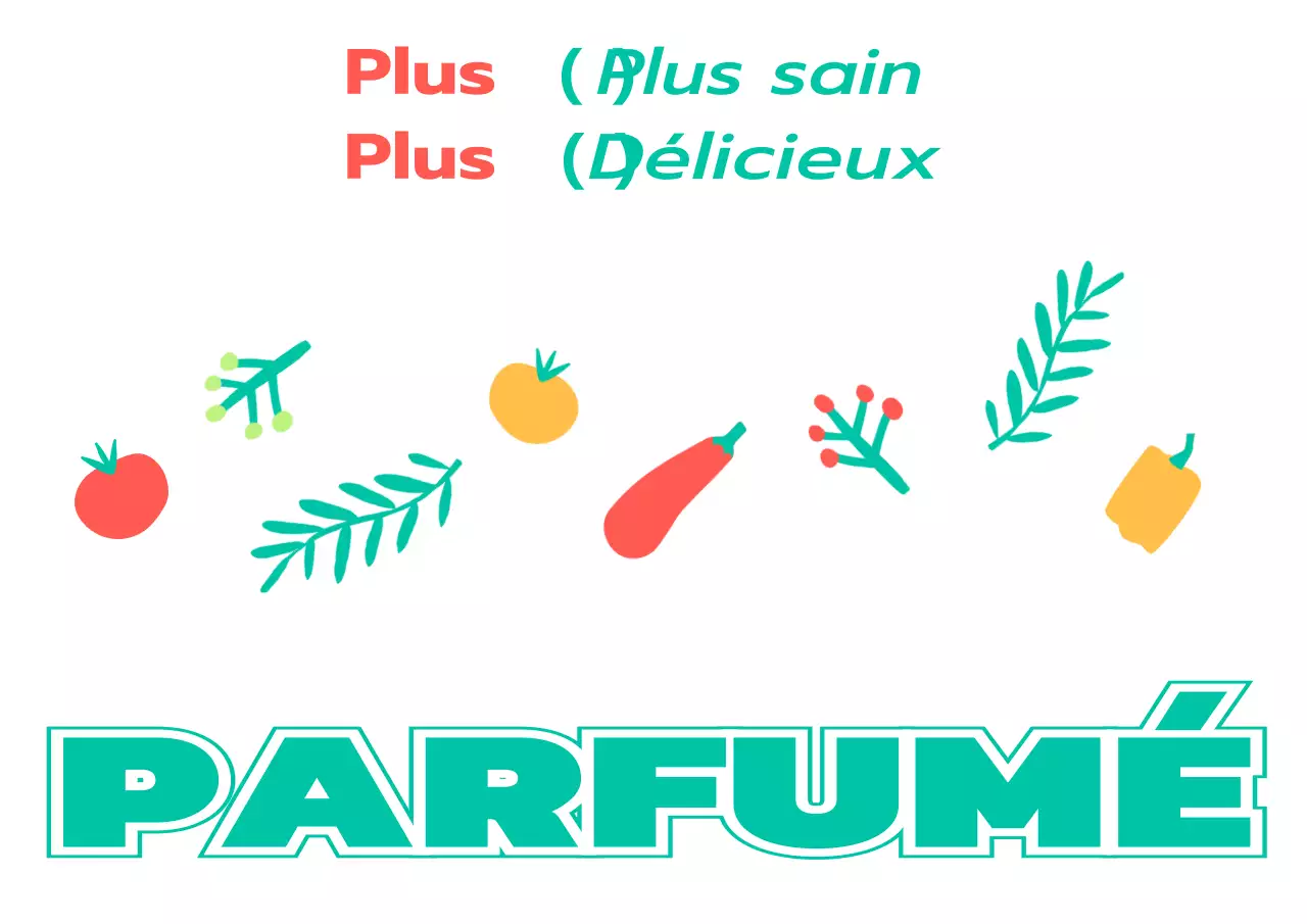 Pour la promotion d'un magasin de salades avec des illustrations simples de légumes et de plantes en turquoise et rouge.