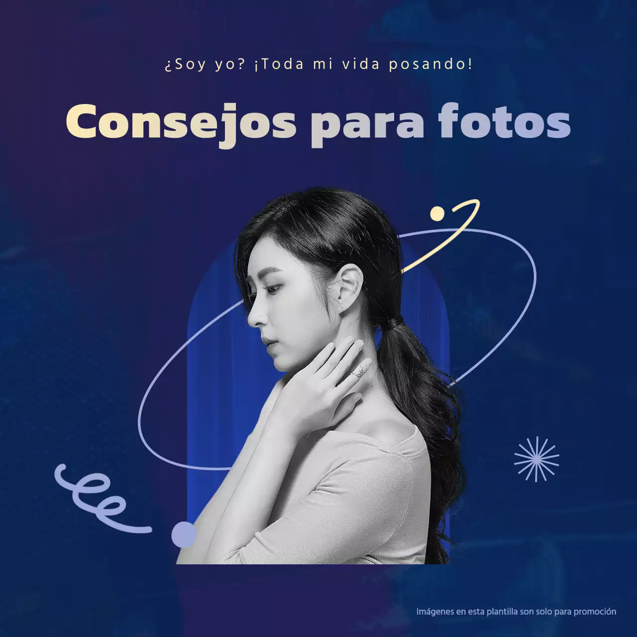 Promociona un sencillo consejo selfie en blanco y negro en azul marino y amarillo