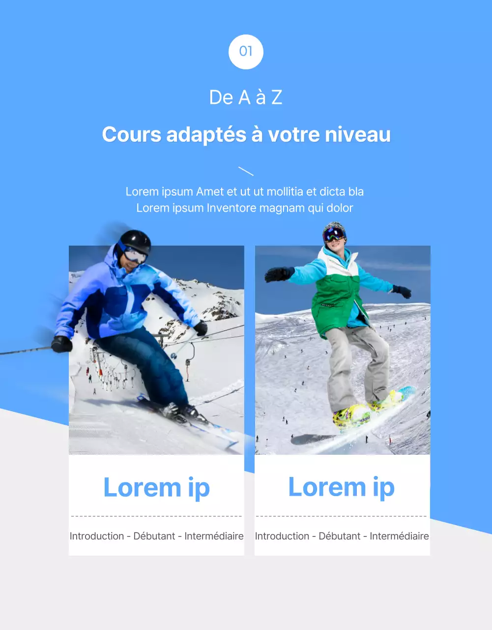 Une simple page de détails sur les leçons de ski en blanc et bleu
