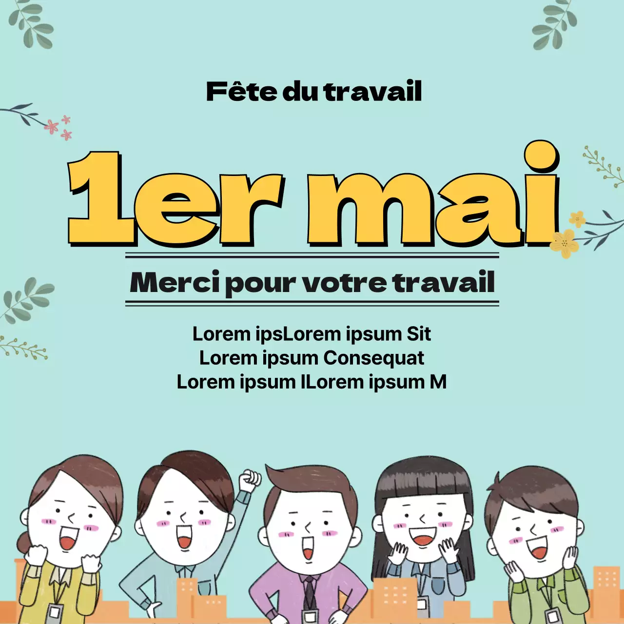 Vœux d'entreprise bleu clair et jaune pour la fête des travailleurs (carrés de médias sociaux)