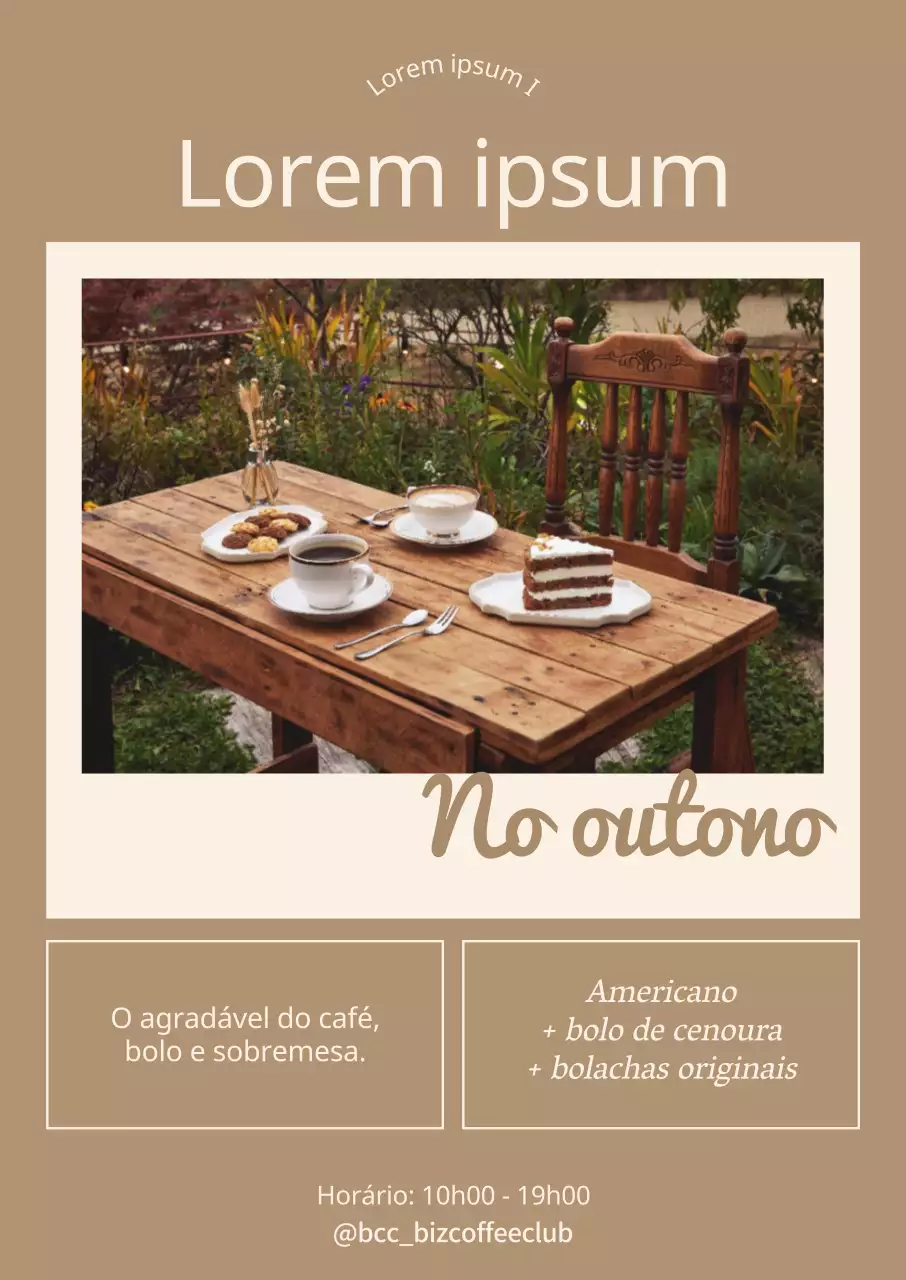 Cartaz vertical com uma fotografia de uma sobremesa sobre um fundo castanho e uma caixa de texto