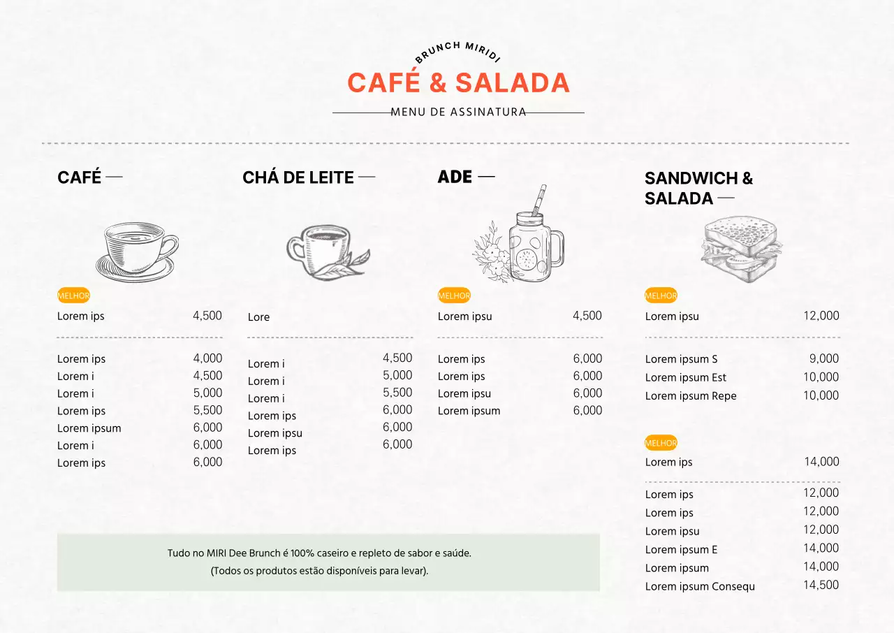 Quadro vertical de menu de brunch de café com conceito de laranja ilustrado.