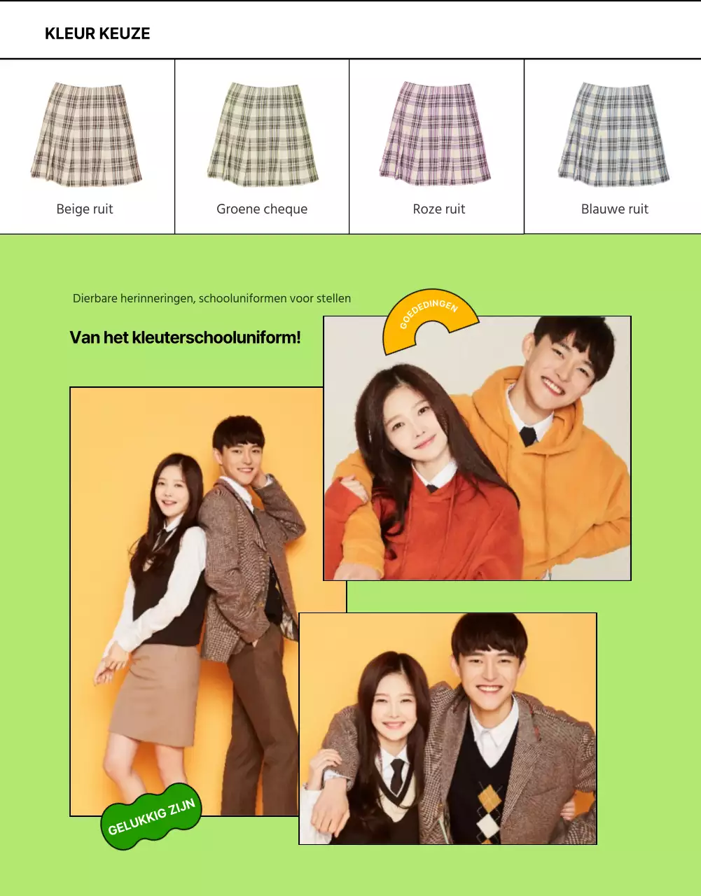 Meer informatie over kleurrijke, lenteachtige schooluniformen huren