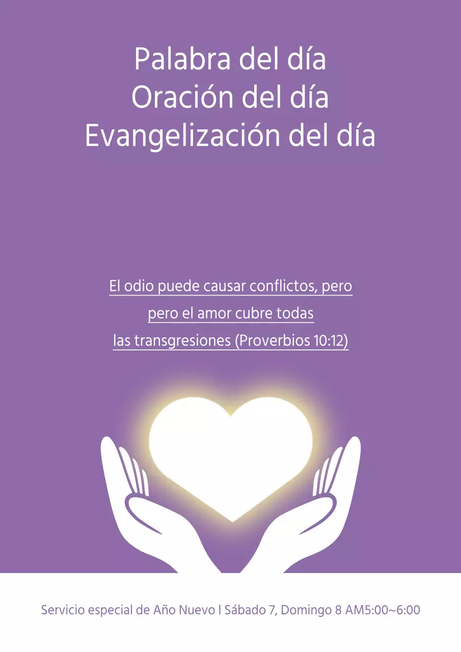 Promoción de un servicio especial de Año Nuevo con una ilustración de un corazón y una mano morados.