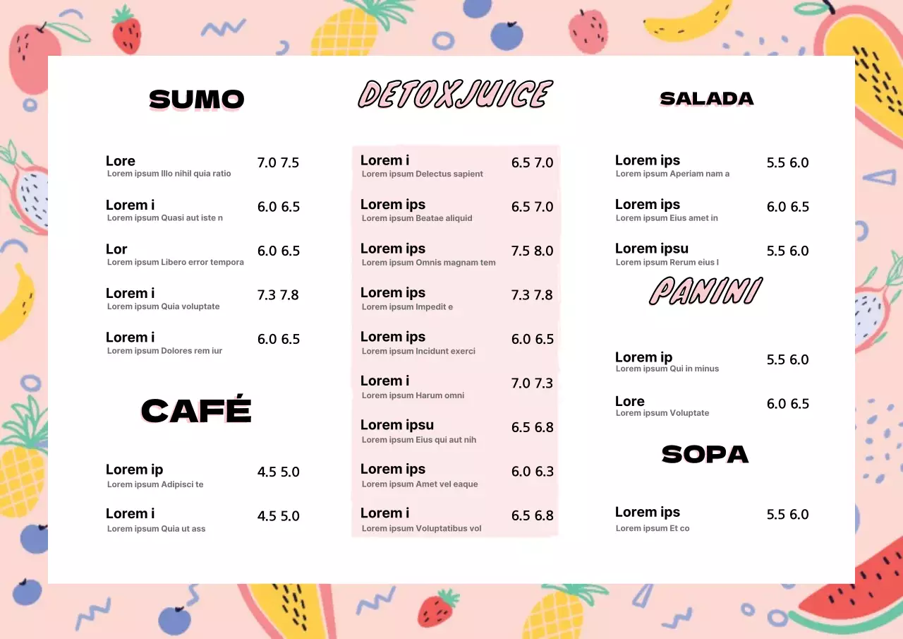 Moldura com padrão de fruta clara menu3