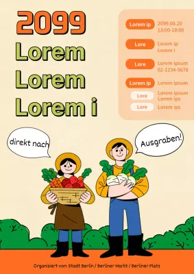 Eine einfache Linienillustration mit orangefarbenen und grünen Farbakzenten zur Werbung für einen Bauernmarkt.