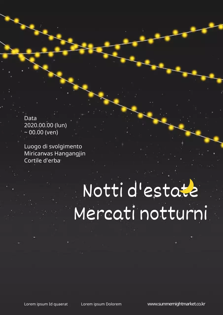 Promuovere un mercato notturno con un'illustrazione gialla e bianca di una lampadina nel cielo notturno