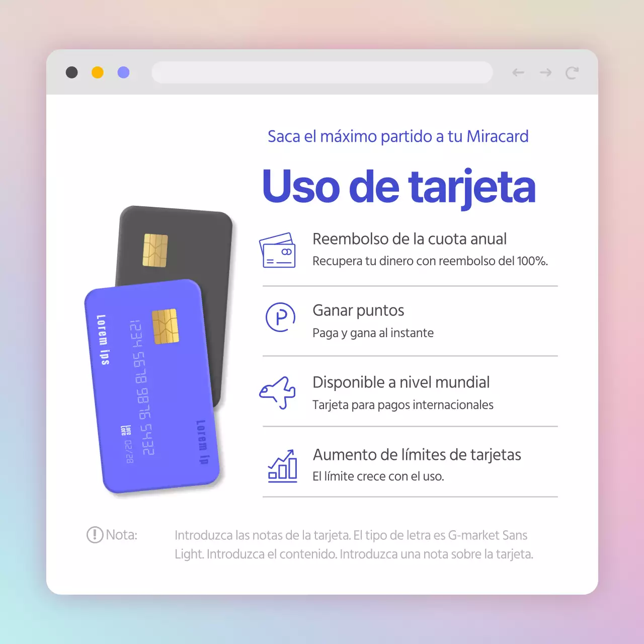 Ofertas de tarjetas de crédito en un concepto de pantalla web con degradados púrpura y menta