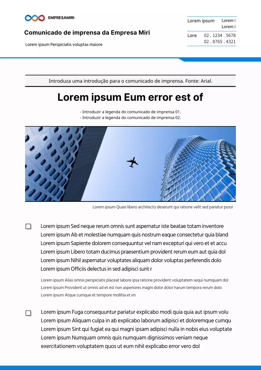 Comunicado de imprensa empresarial em azul e branco