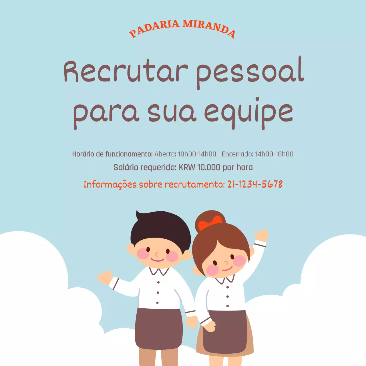 Anúncio de emprego simples e giro com fundo azul claro e texto colorido V2