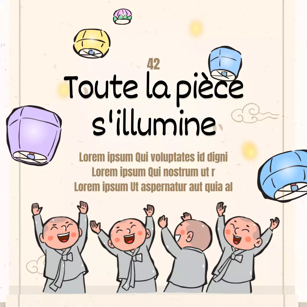 Une collection d'illustrations bouddhistes en beige.