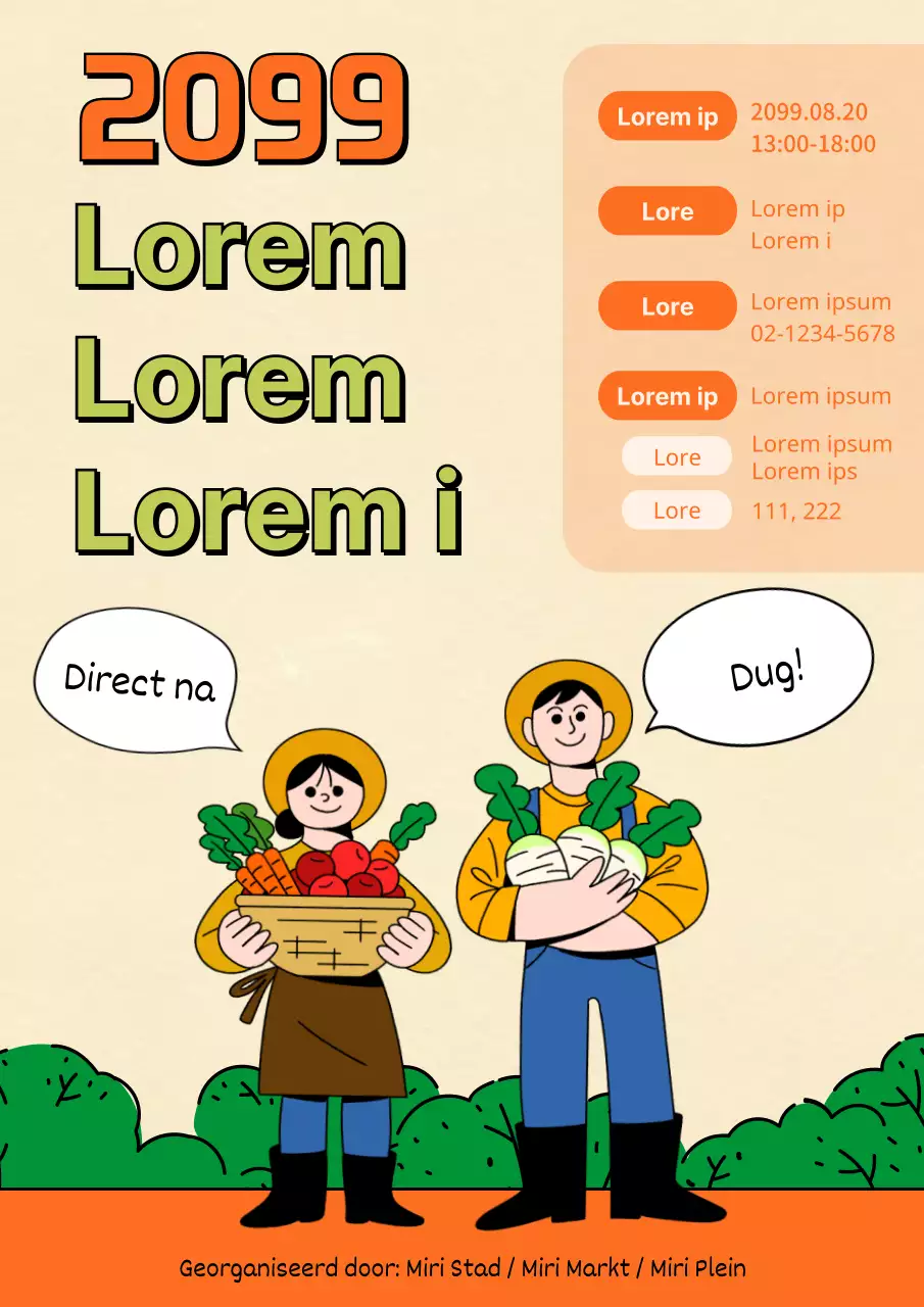 Een eenvoudige lijnillustratie met oranje en groene kleuraccenten om een boerenmarkt te promoten.