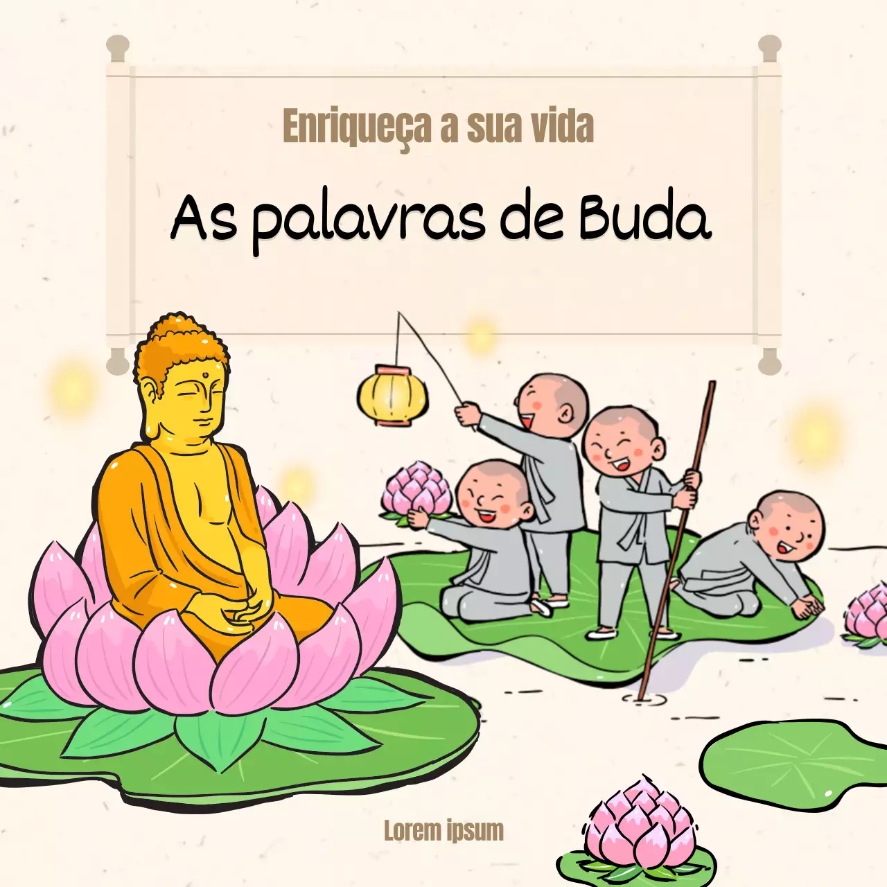 Uma coleção de ilustrações budistas em bege.