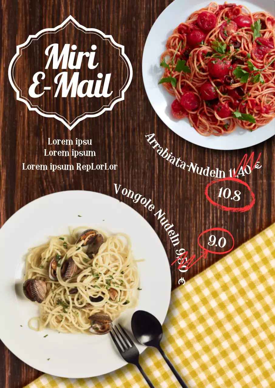 Pasta Menü in westlichen Restaurant Holztisch Hintergrund mit Pasta Foto