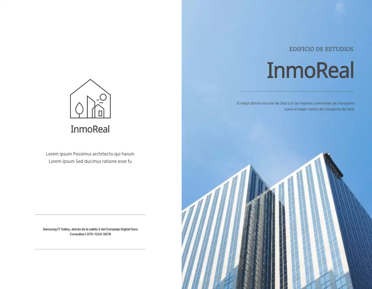 Un biz sencillo con texto e imágenes en gris oscuro para promocionar el sector inmobiliario.