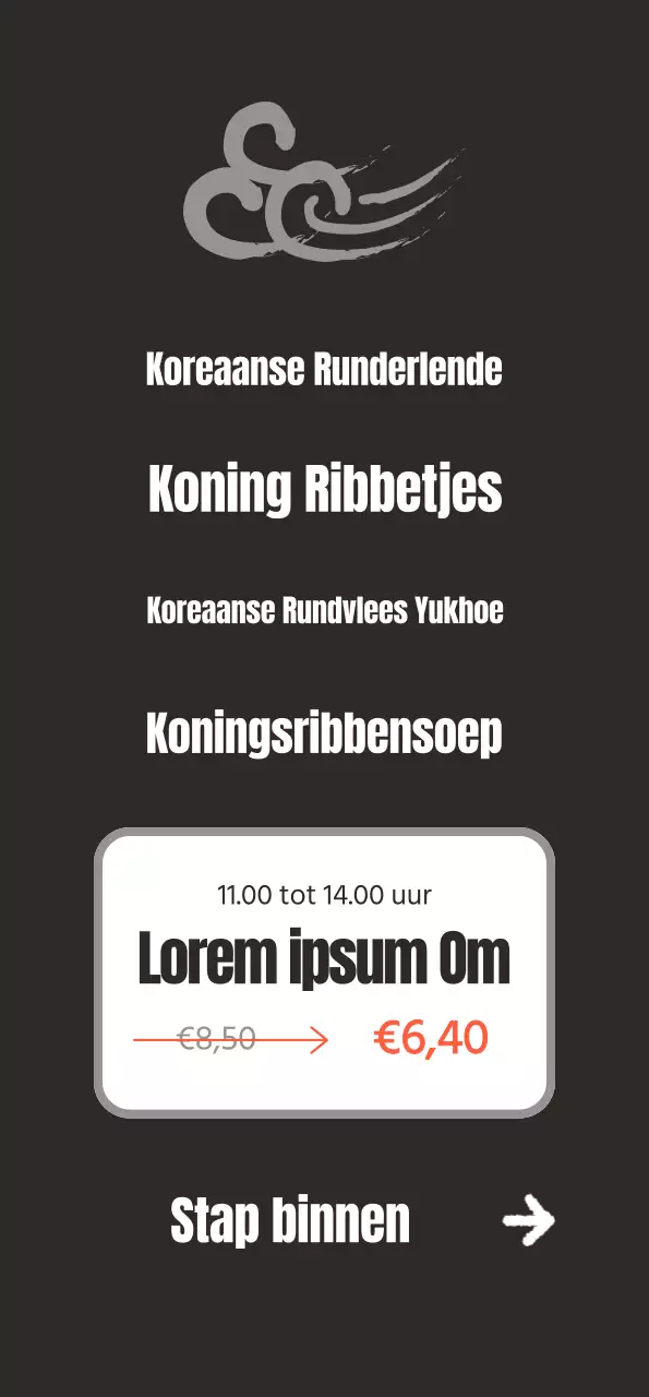 Promoot een strak, Koreaans geïnspireerd restaurant met afbeeldingen van Koreaans rundvlees op een zwarte achtergrond