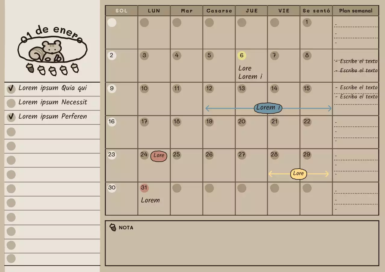 Agenda mensual ilustrada en marrón beige