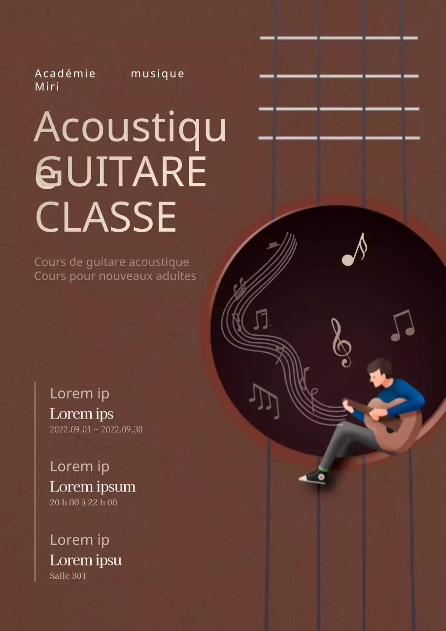 Affiche promotionnelle pour un cours de guitare dans les tons bruns