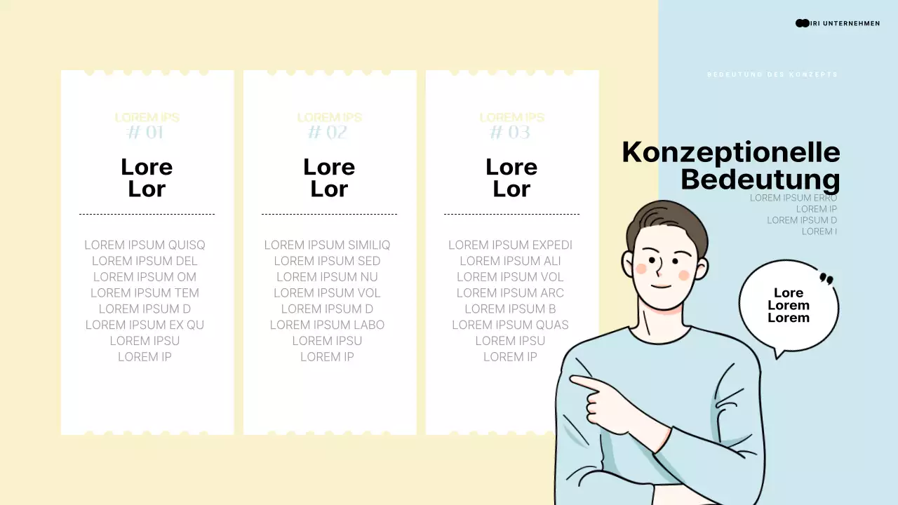 Einleitende Präsentation mit einem menschlichen Element, das auf einen hellblauen und gelben Raum zeigt