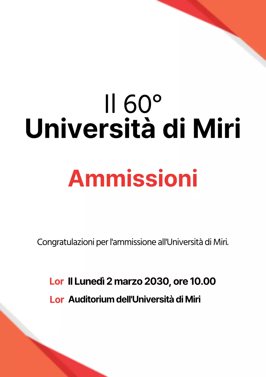 Annuncio e promozione dell'accoglienza dei nuovi studenti con foto del campus universitario in blu e rosso
