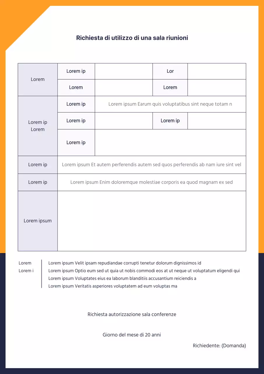 Richiesta di utilizzo di una sala riunioni aziendale in arancione-navy