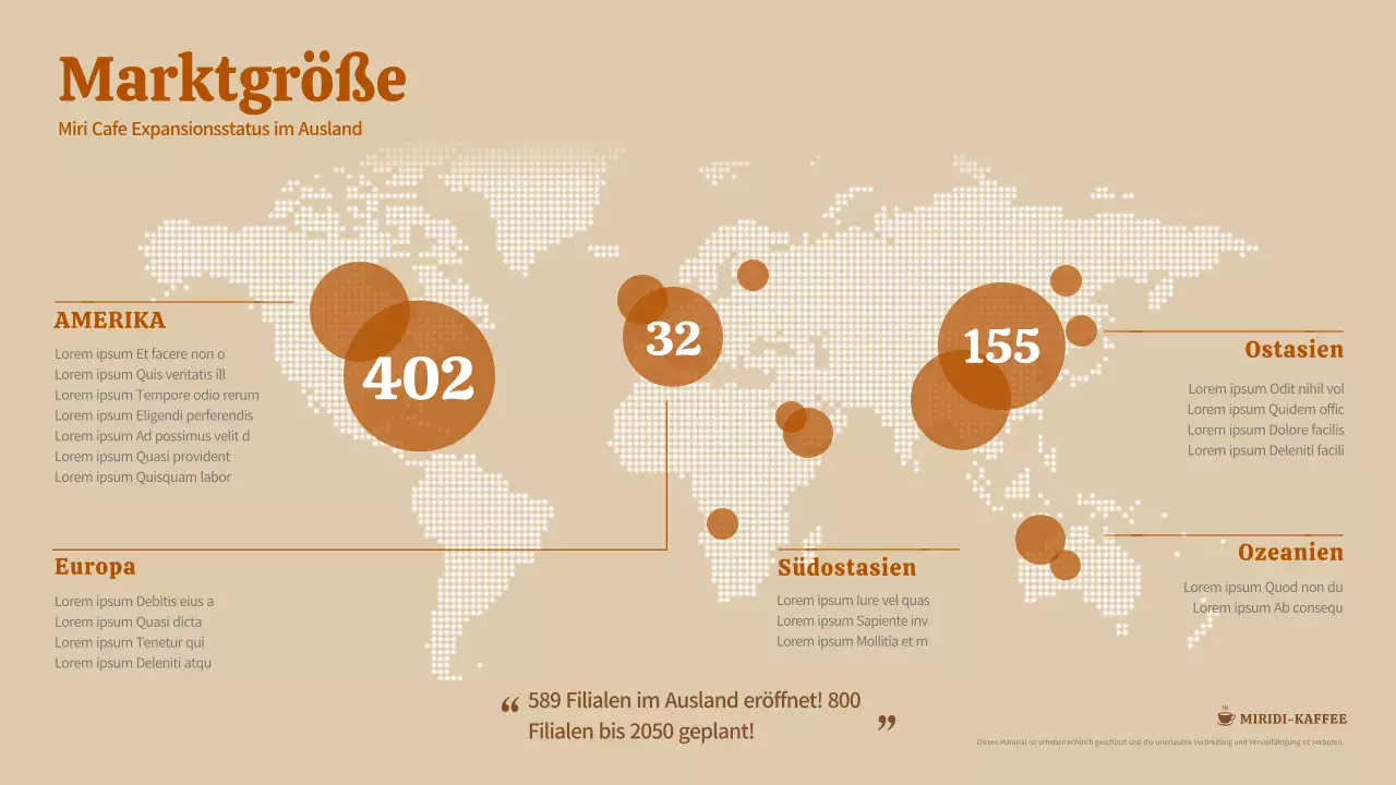 Karte der Café-Übersee-Expansion in Brauntönen