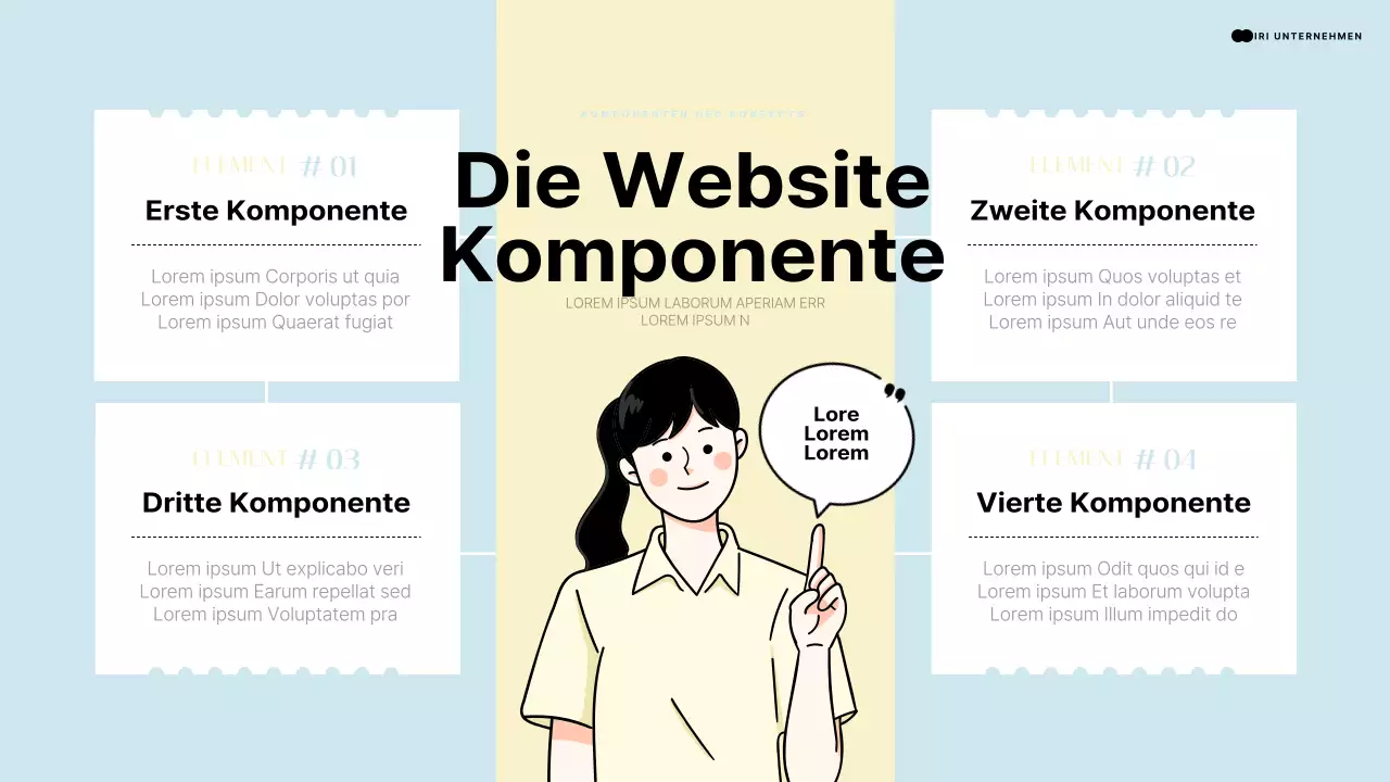 Einleitende Präsentation mit einem menschlichen Element, das auf einen hellblauen und gelben Raum zeigt