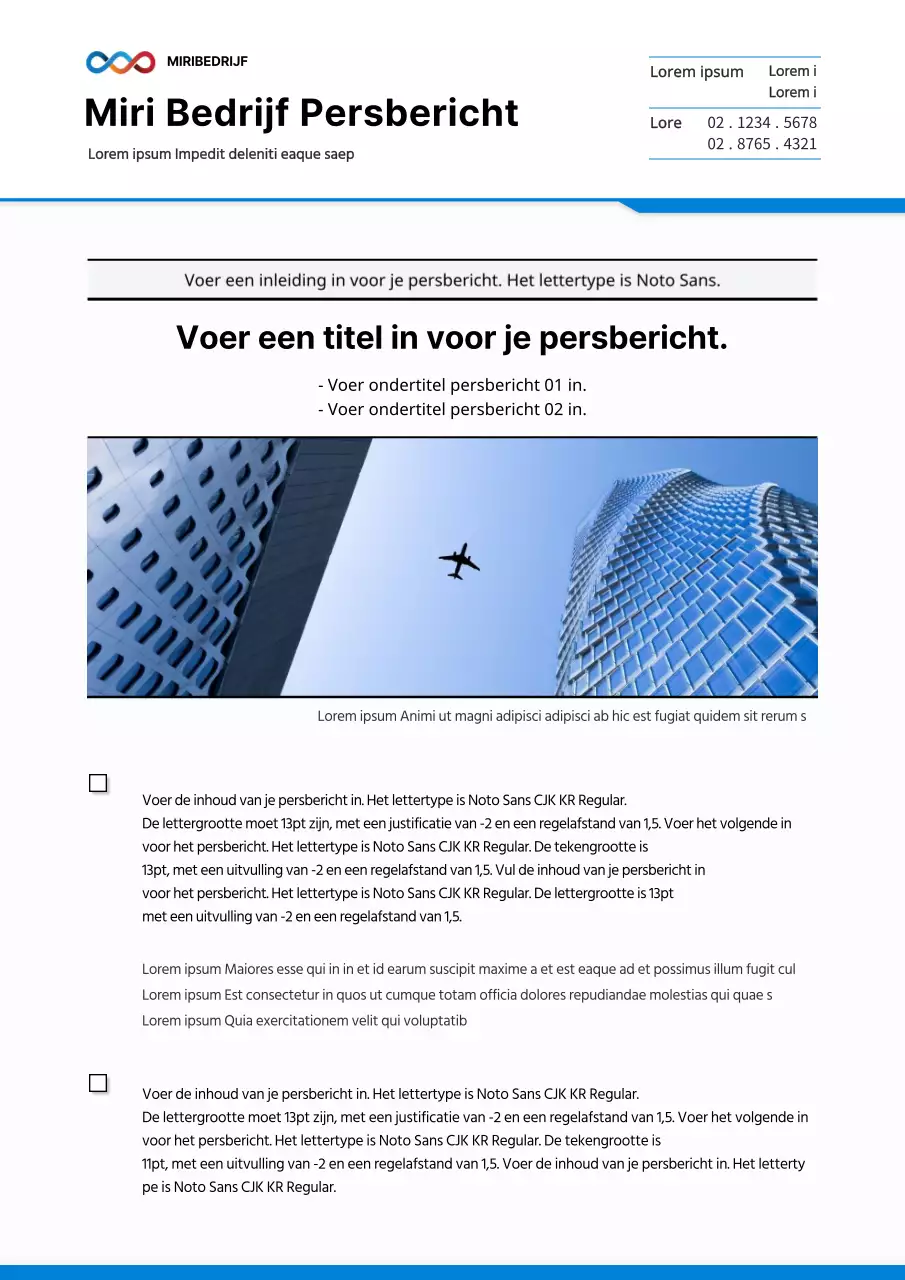 Zakelijk persbericht in blauw en wit