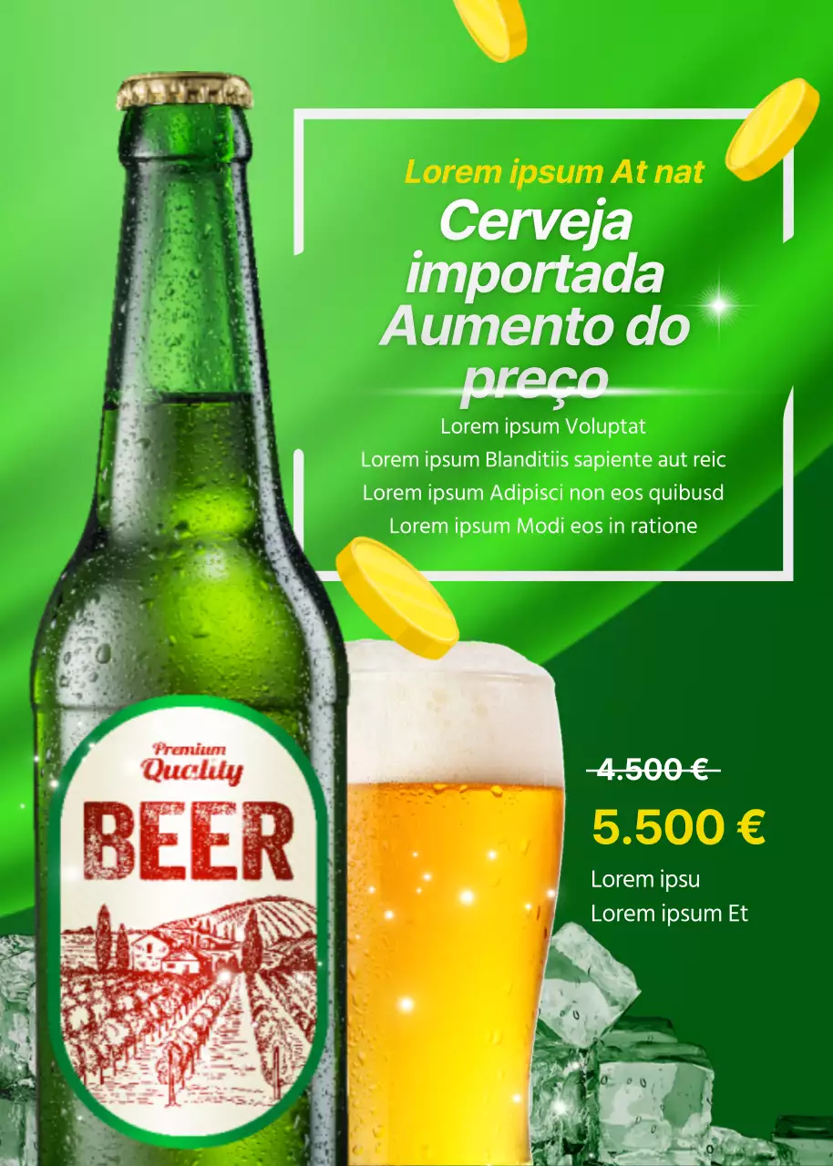Aviso de aumento do preço da cerveja importada verde e amarela