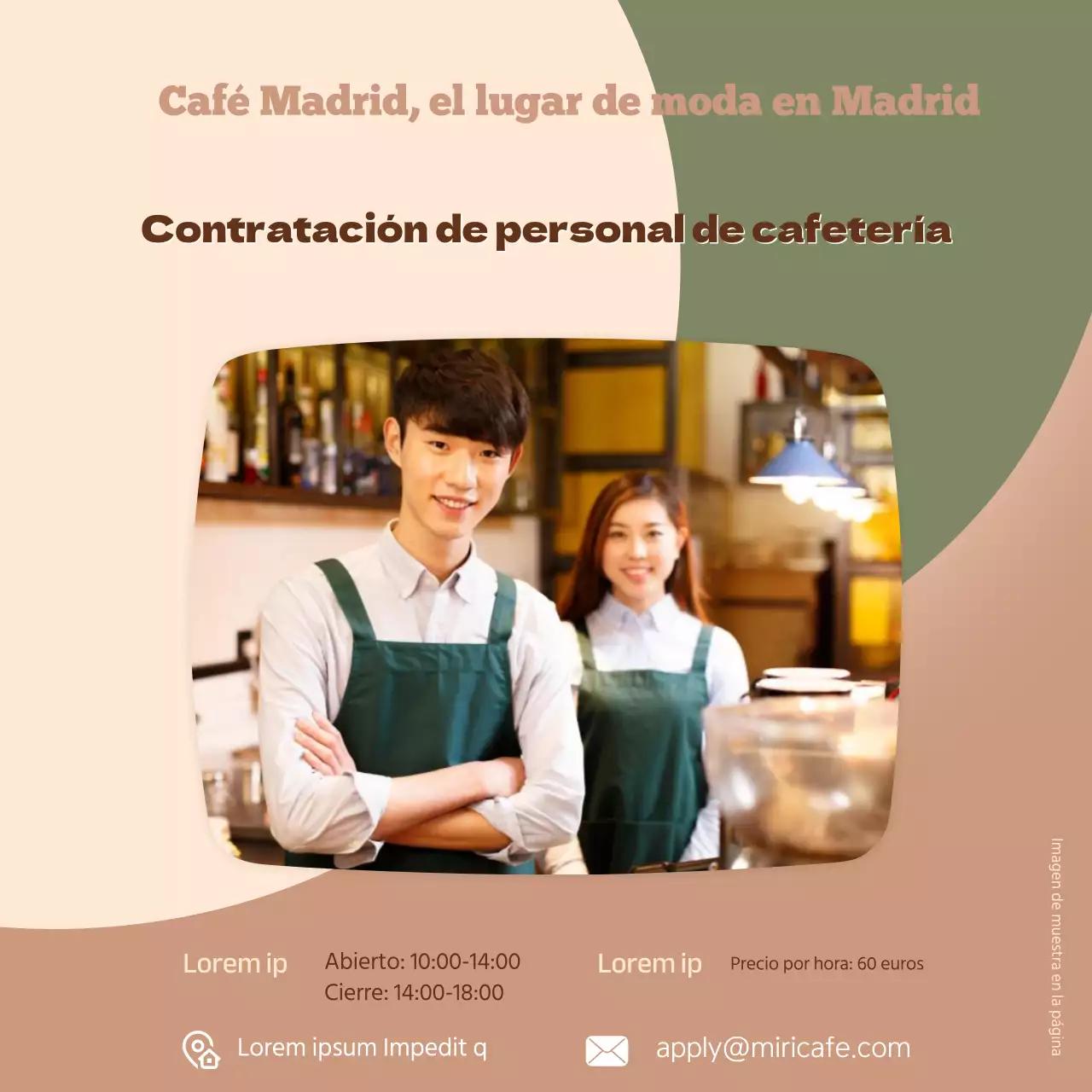 Anuncio de empleo de personal de cafetería con foto sobre fondo marrón y verde V2