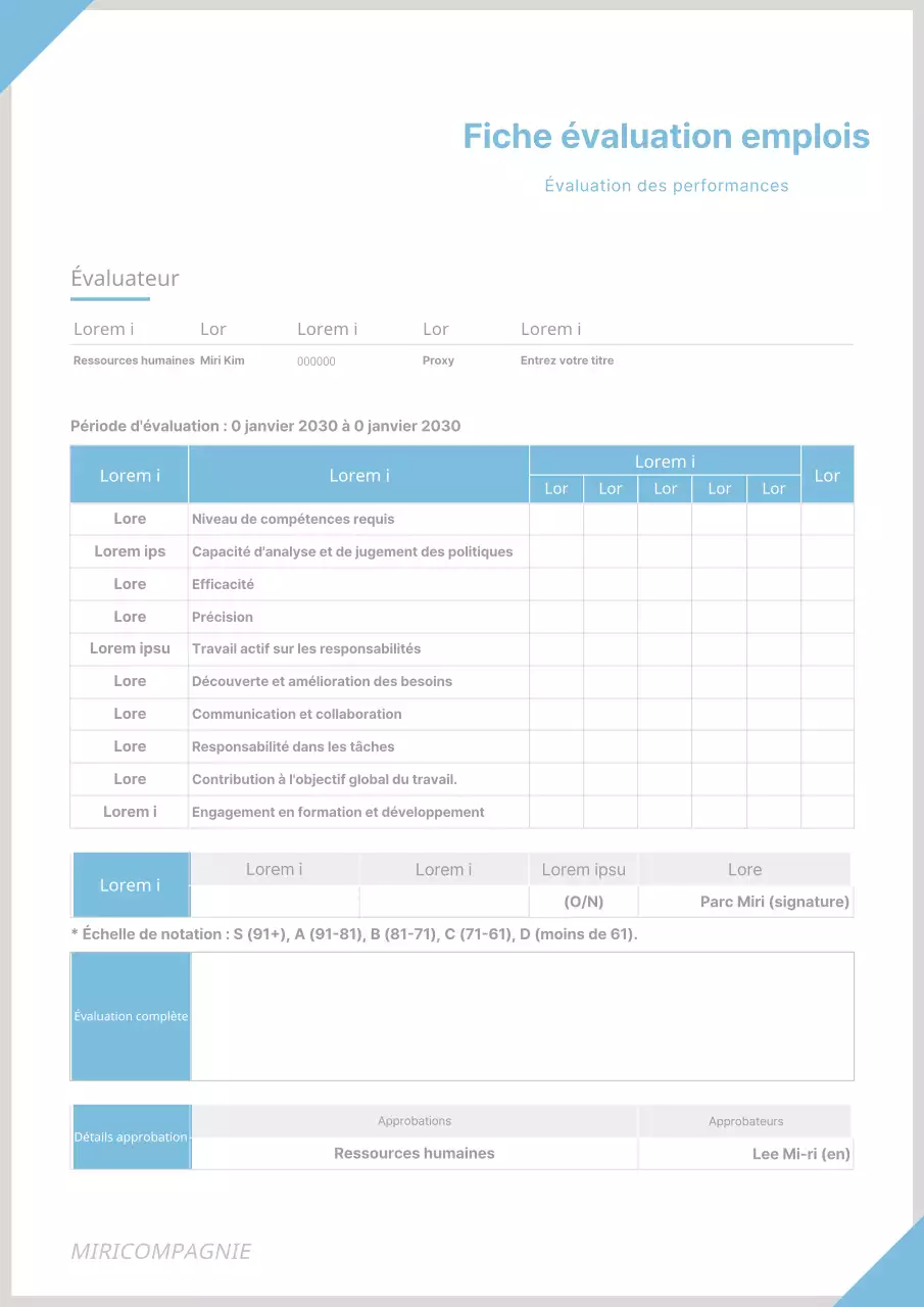 Modèle d'entreprise simple bleu clair Modèle de document d'évaluation de la performance