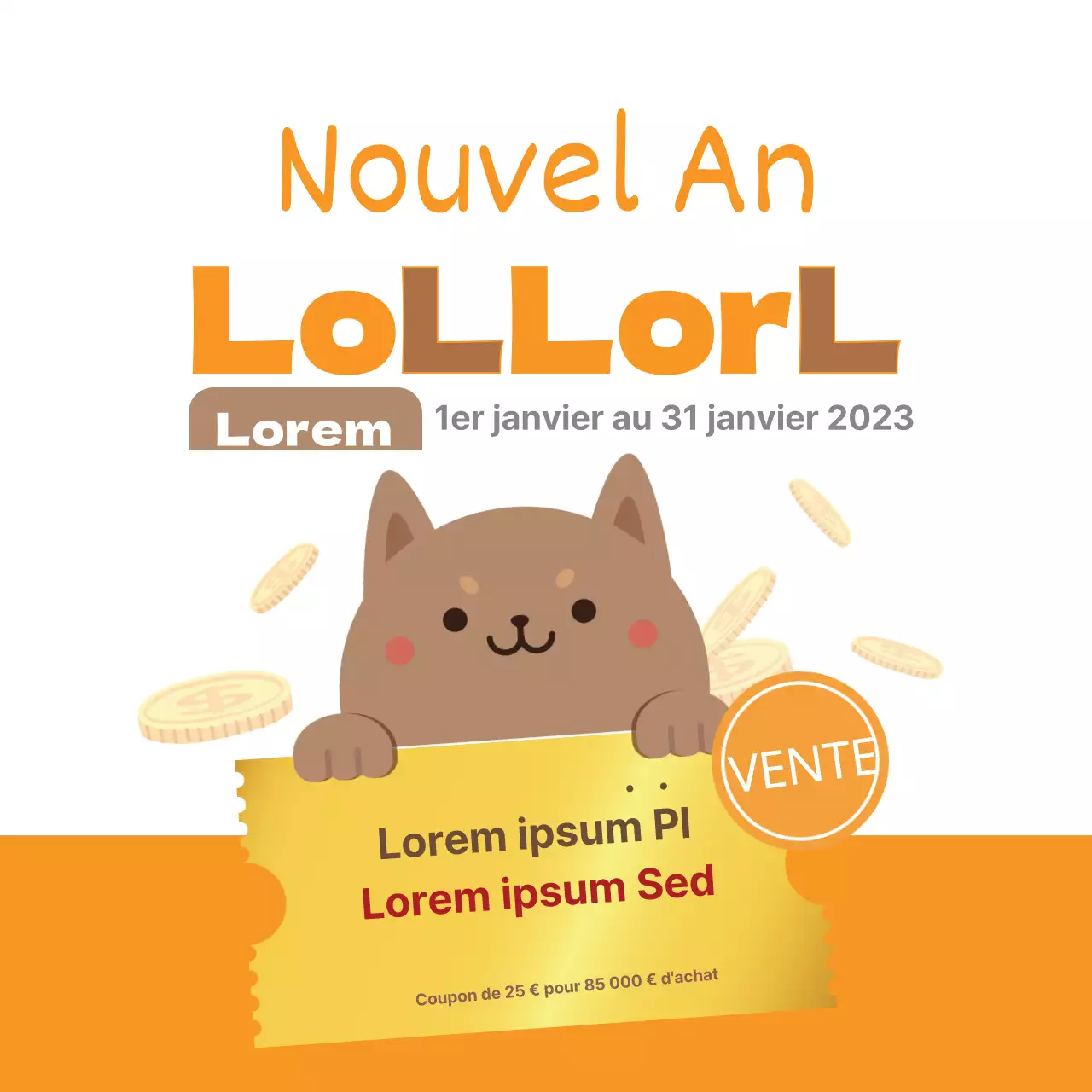 Illustration d'une vente de Nouvel An avec un chiot orange
