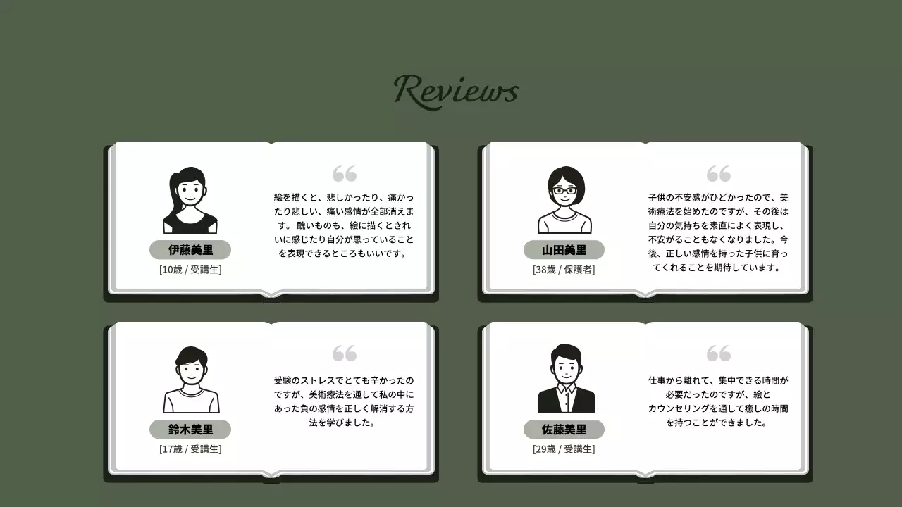 緑色のシンプルな美術心理講師ポートフォリオ