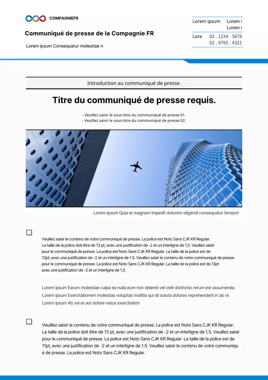 Communiqué de presse d'entreprise en bleu et blanc