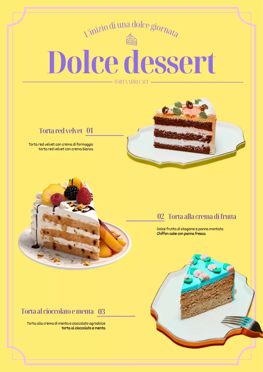 Un sensuale menu da dessert per caffetteria con uno sfondo giallo brillante e un accento di colore viola.