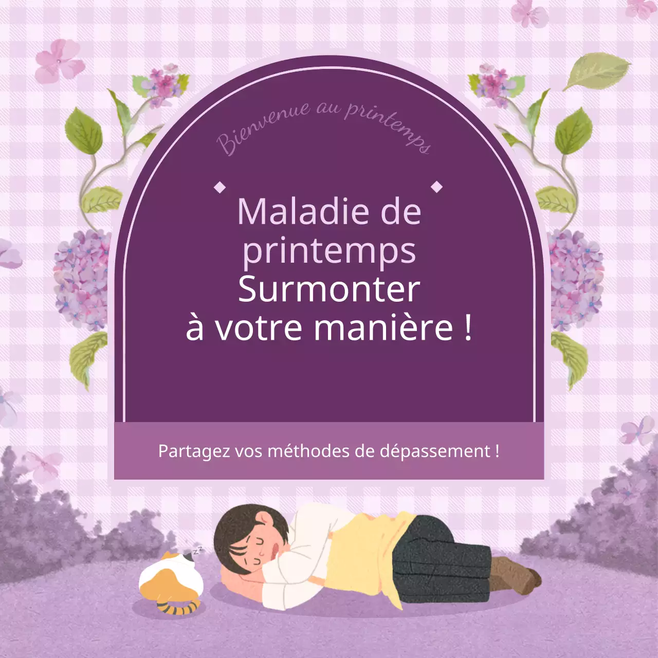Un flux Instagram sur le thème de l'illustration printanière à carreaux violets pour vaincre la fièvre du printemps.