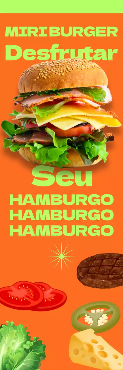 Ementa em forma de hambúrguer com letra a negrito e contraste de cores complementares