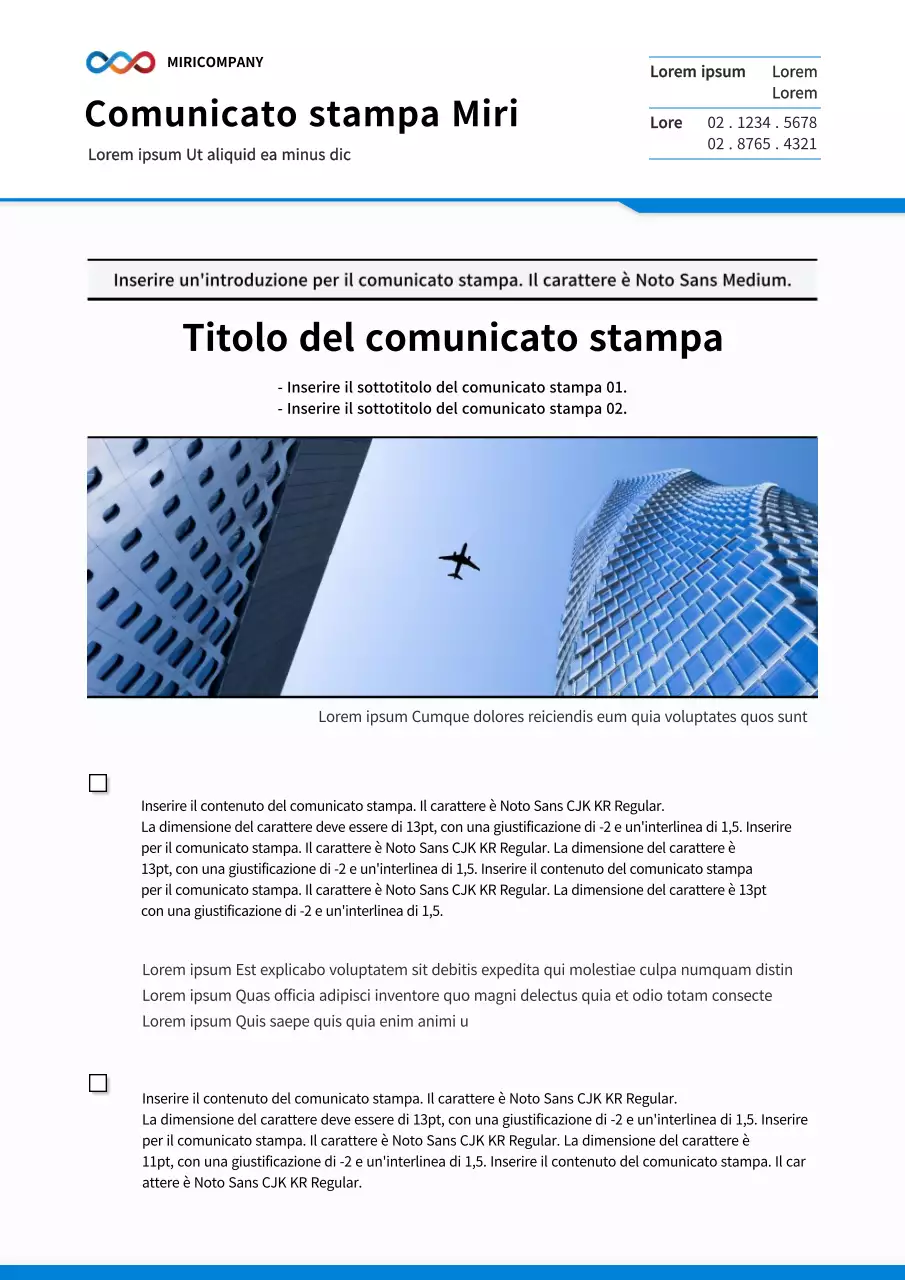 Comunicato stampa aziendale in blu e bianco
