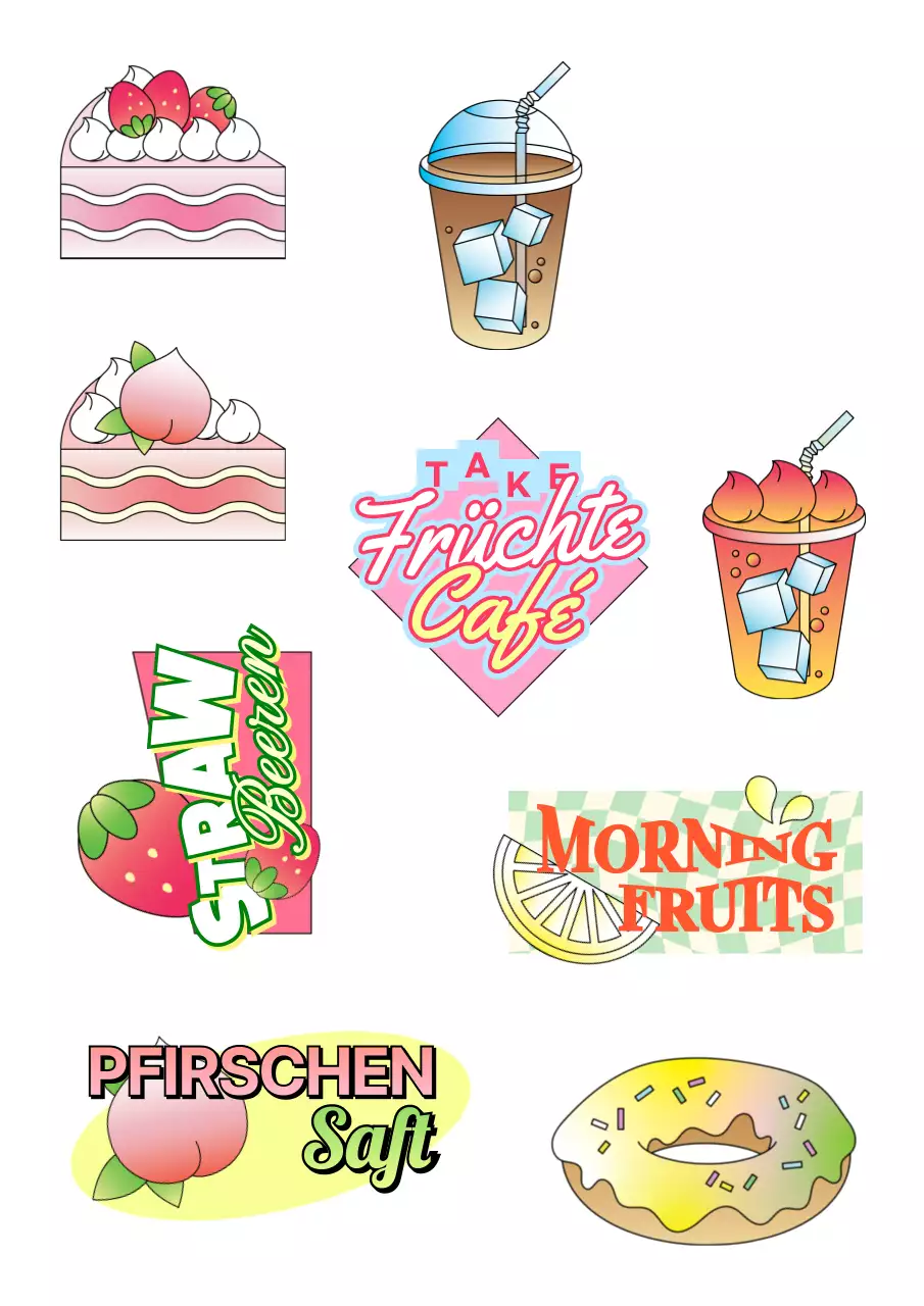 Kitschiger Retro-Café-Werbeaufkleber mit buntem Text und Getränkekuchen-Illustration