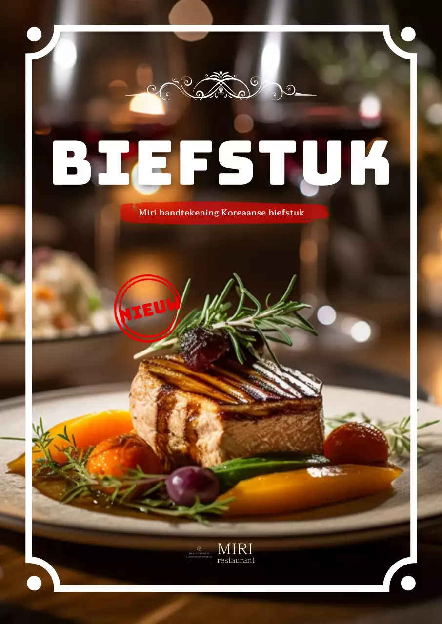 Een sensuele menu-introductie met witte en rode foto's van verrukkelijke steaks