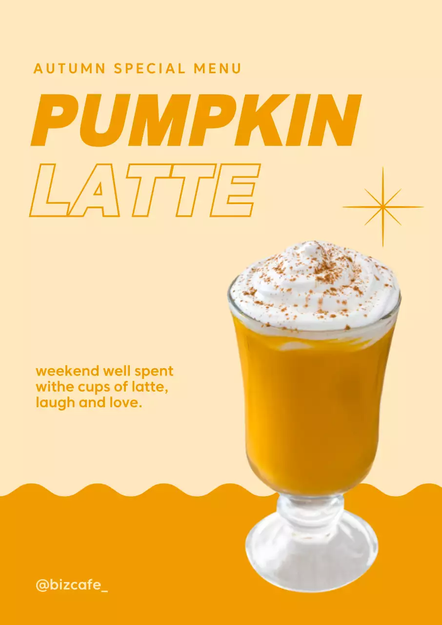 Latte poster with a photo of the drink and italic font on a wavy background