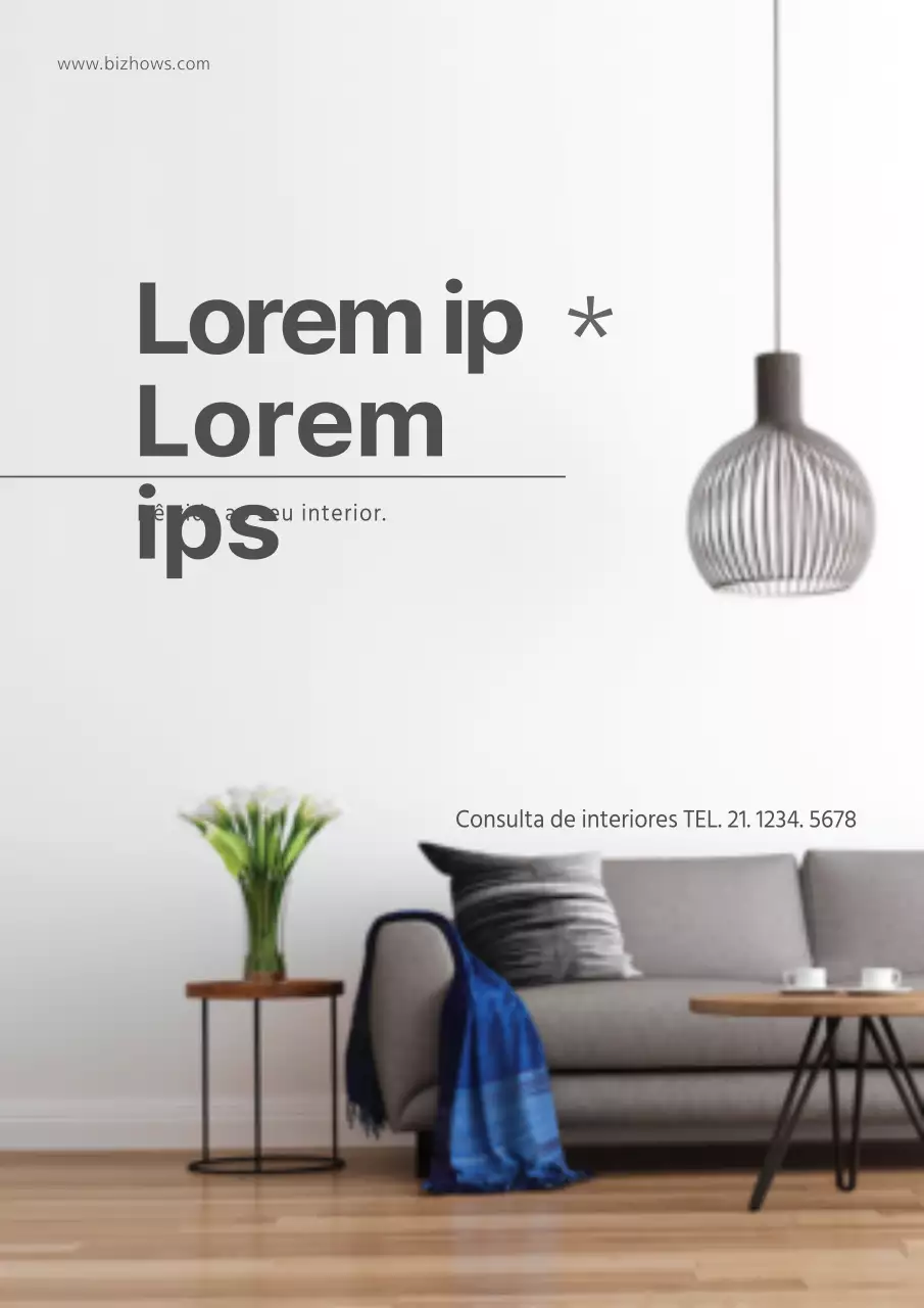 Promover uma empresa de interiores simples com fotografias de interiores de salas de estar modernas e cinzentas