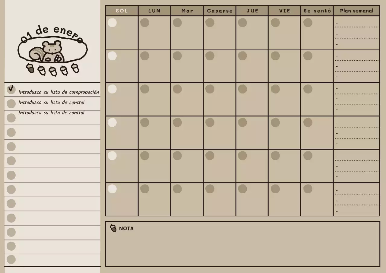 Agenda mensual ilustrada en marrón beige